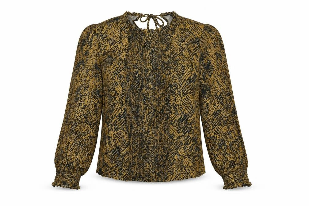 Front view of Zara women’s brown animal print viscose basic blouse, size L, round neck