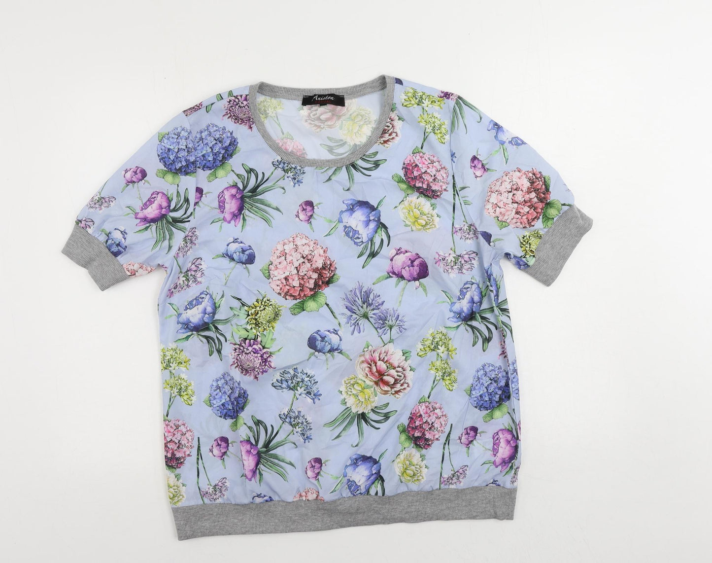 Aniston Casual Womens Blue Floral Polyester Basic Blouse Size 14 Round Neck