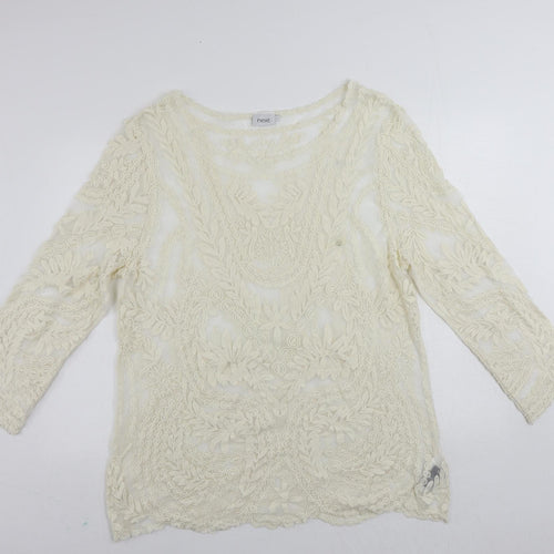 NEXT Womens Ivory Nylon Tunic Blouse Size L Boat Neck - Embroidered