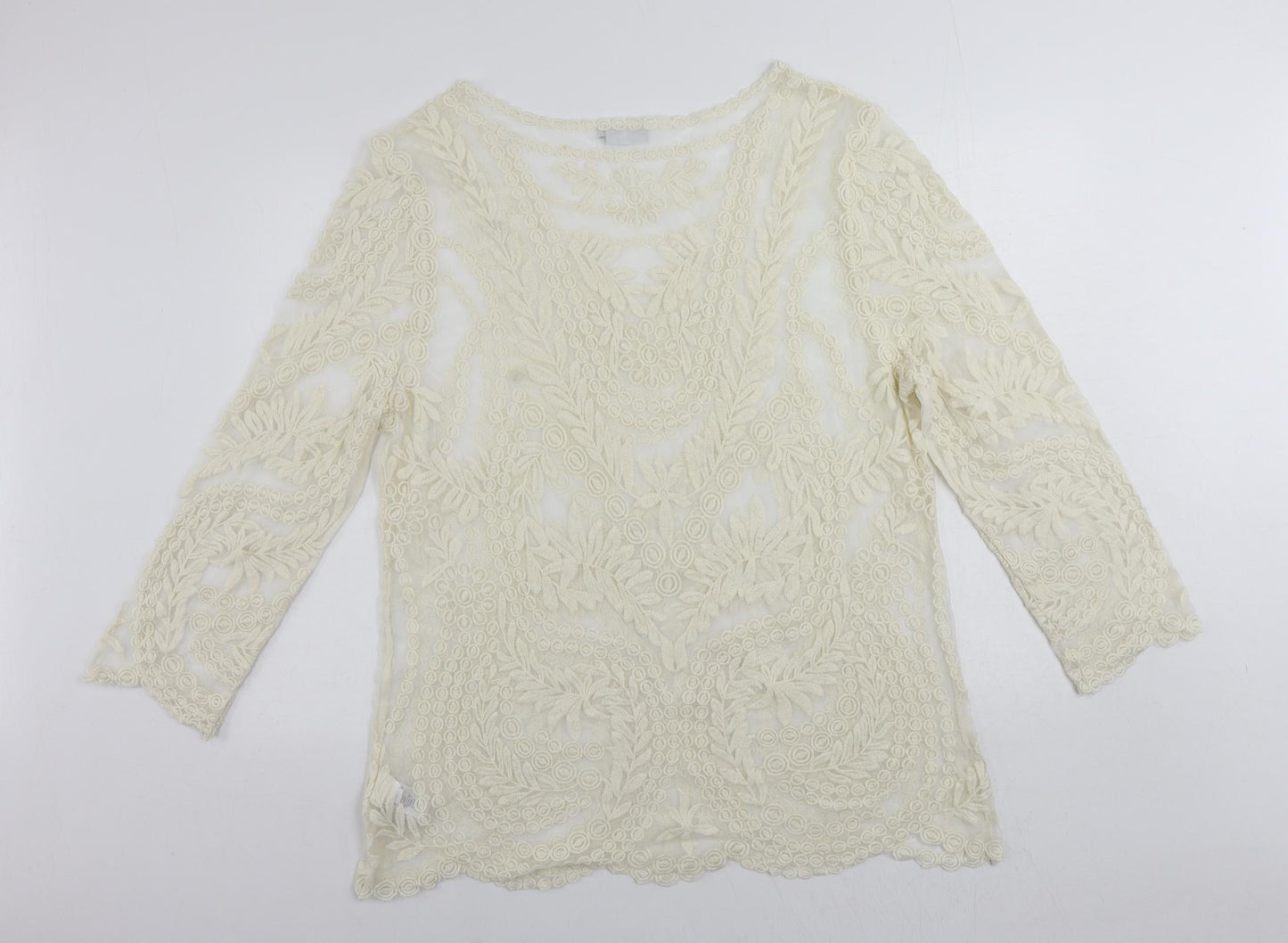 NEXT Womens Ivory Nylon Tunic Blouse Size L Boat Neck - Embroidered