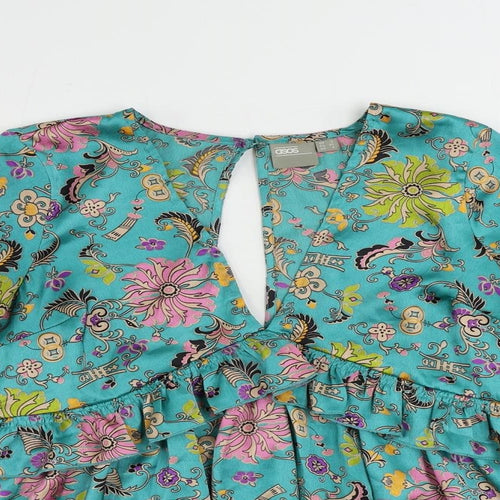 ASOS Womens Blue Geometric Polyester Basic Blouse Size 8 V-Neck - Ruffle