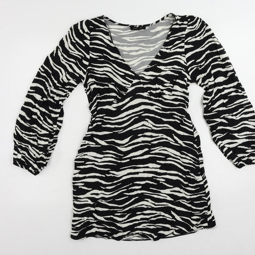 New Look Womens Black Animal Print Viscose Mini Size 10 V-Neck Pullover