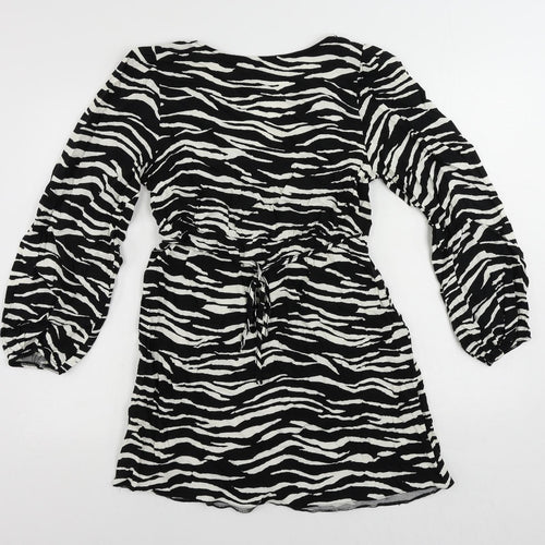 New Look Womens Black Animal Print Viscose Mini Size 10 V-Neck Pullover