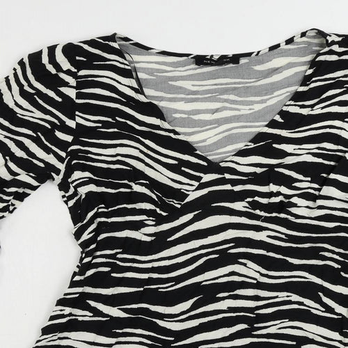 New Look Womens Black Animal Print Viscose Mini Size 10 V-Neck Pullover