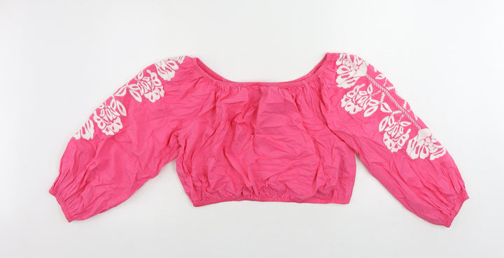 Marks and Spencer Womens Pink Cotton Cropped Blouse Size 18 Off the Shoulder - Embroidered