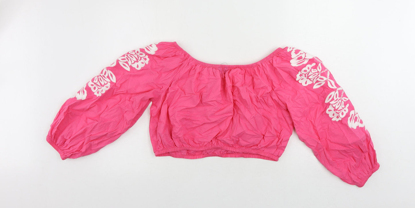 Marks and Spencer Womens Pink Cotton Cropped Blouse Size 18 Off the Shoulder - Embroidered