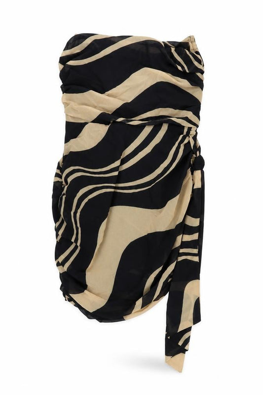 Front view of PRETTYLITTLETHING women’s black geometric polyester mini, size UK 4, off the shoulder zip - strapless