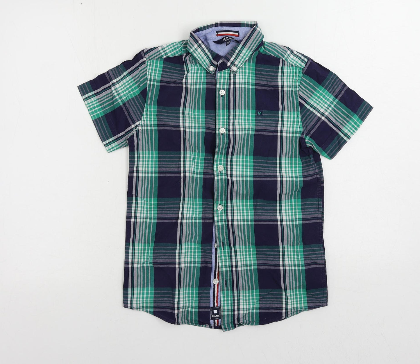 Maine New England Boys Blue Plaid Cotton Basic Button-Up Size 12 Years Collared Button