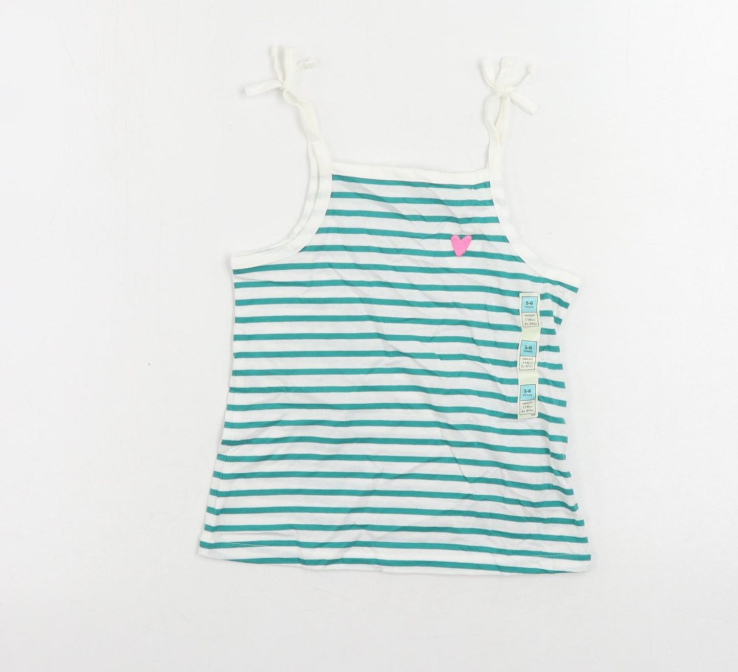 Marks and Spencer Girls Green Striped Cotton Camisole T-Shirt Size 5-6 Years Square Neck Pullover