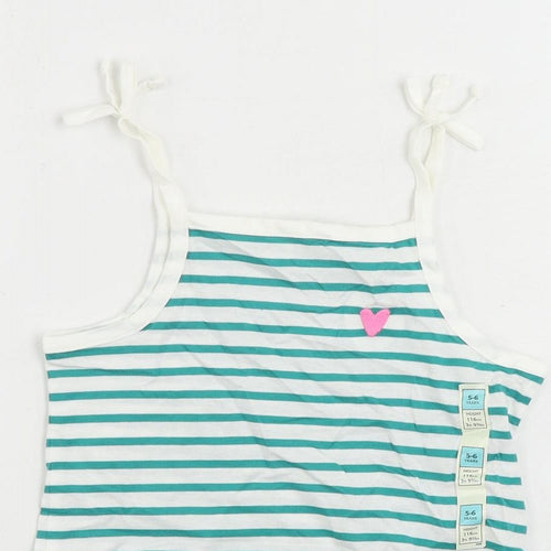 Marks and Spencer Girls Green Striped Cotton Camisole T-Shirt Size 5-6 Years Square Neck Pullover