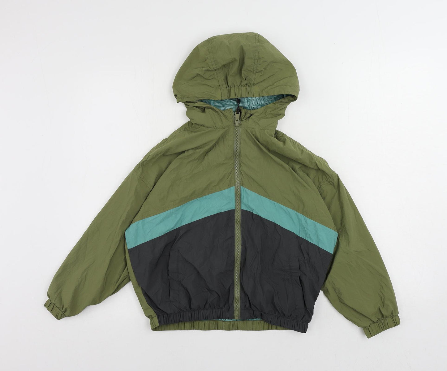 Marks and Spencer Boys Green Colourblock Windbreaker Jacket Size 8-9 Years Zip - Hooded