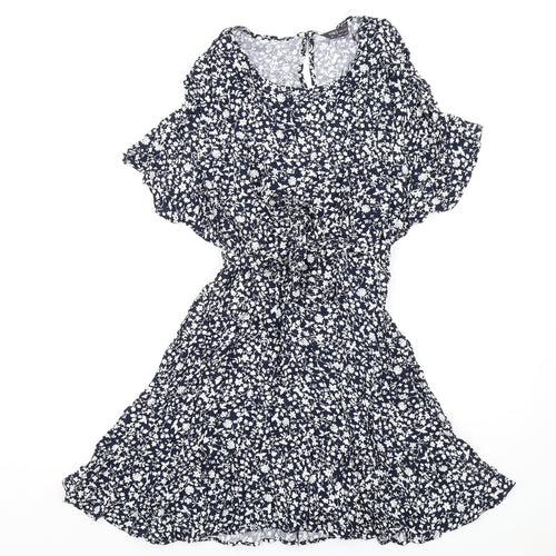 Marks and Spencer Womens Blue Floral Viscose A-Line Size 24 Round Neck Button