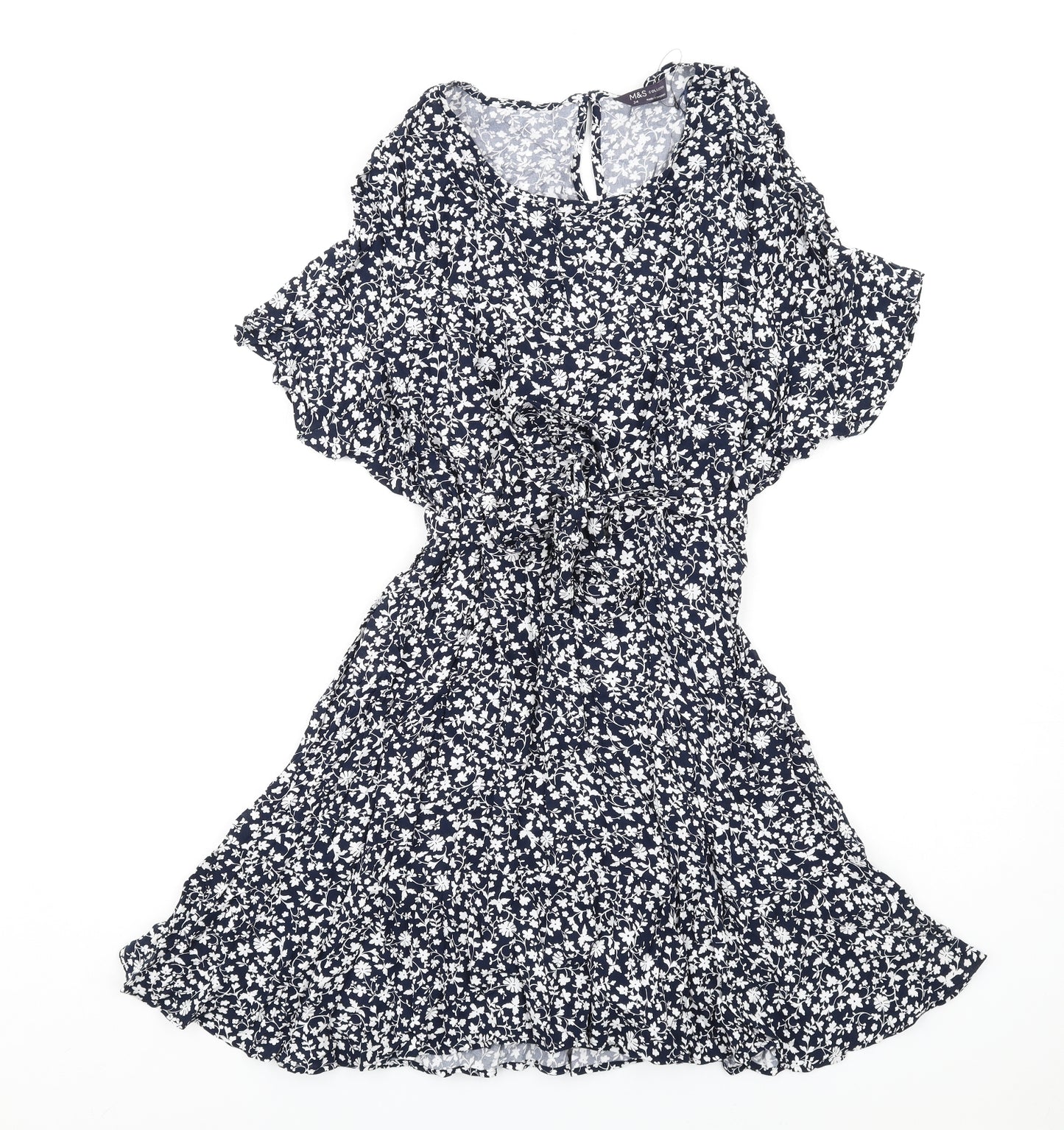 Marks and Spencer Womens Blue Floral Viscose A-Line Size 24 Round Neck Button