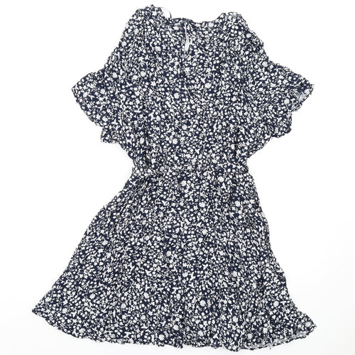 Marks and Spencer Womens Blue Floral Viscose A-Line Size 24 Round Neck Button