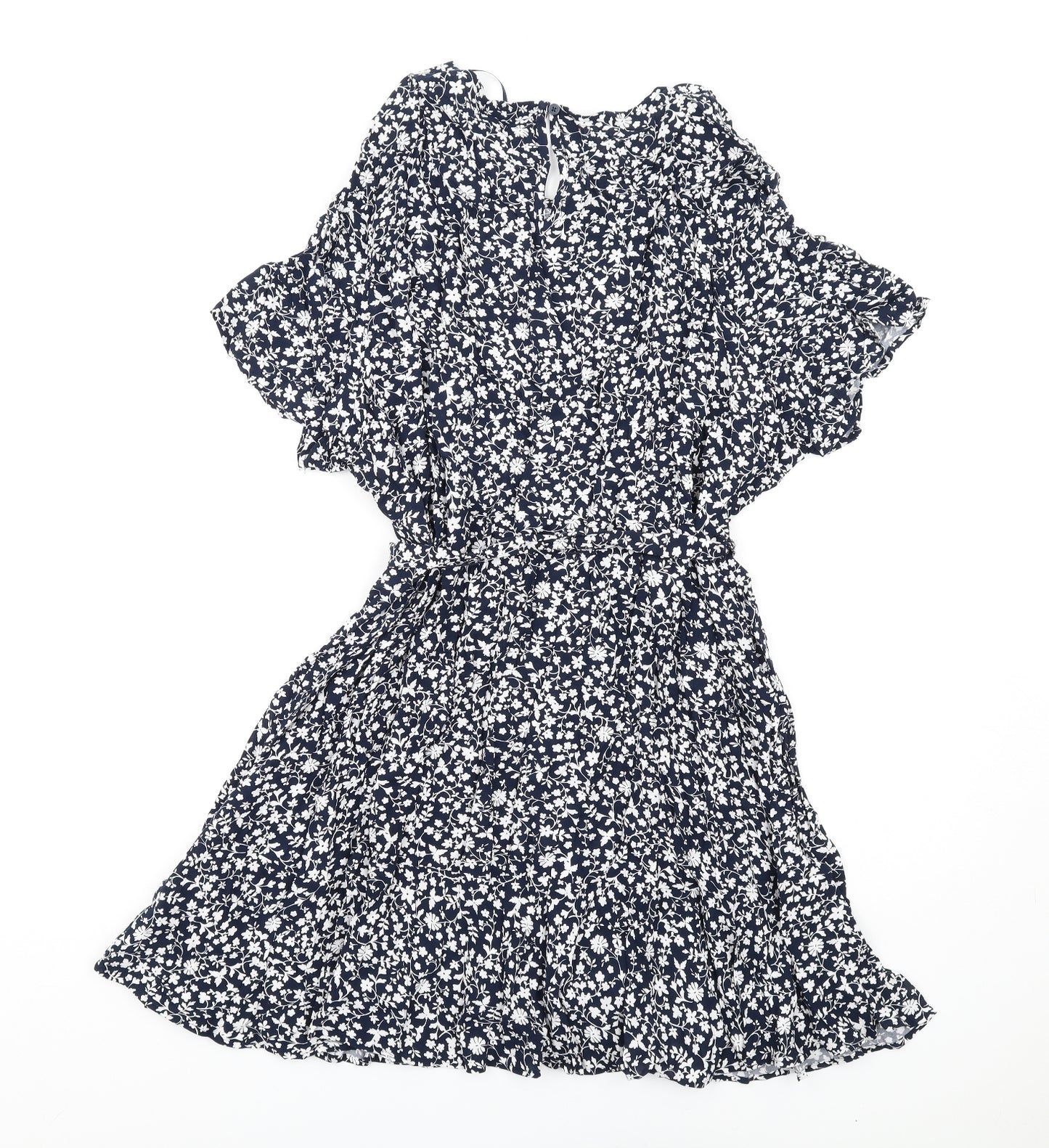 Marks and Spencer Womens Blue Floral Viscose A-Line Size 24 Round Neck Button