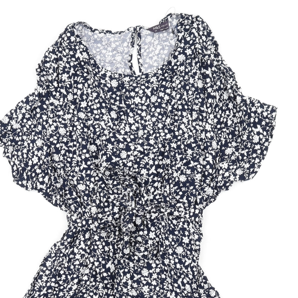 Marks and Spencer Womens Blue Floral Viscose A-Line Size 24 Round Neck Button