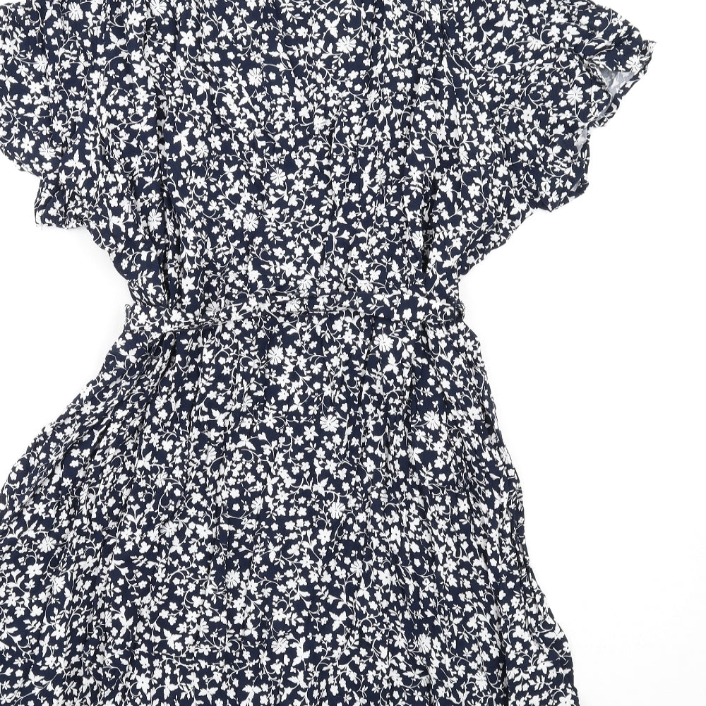 Marks and Spencer Womens Blue Floral Viscose A-Line Size 24 Round Neck Button