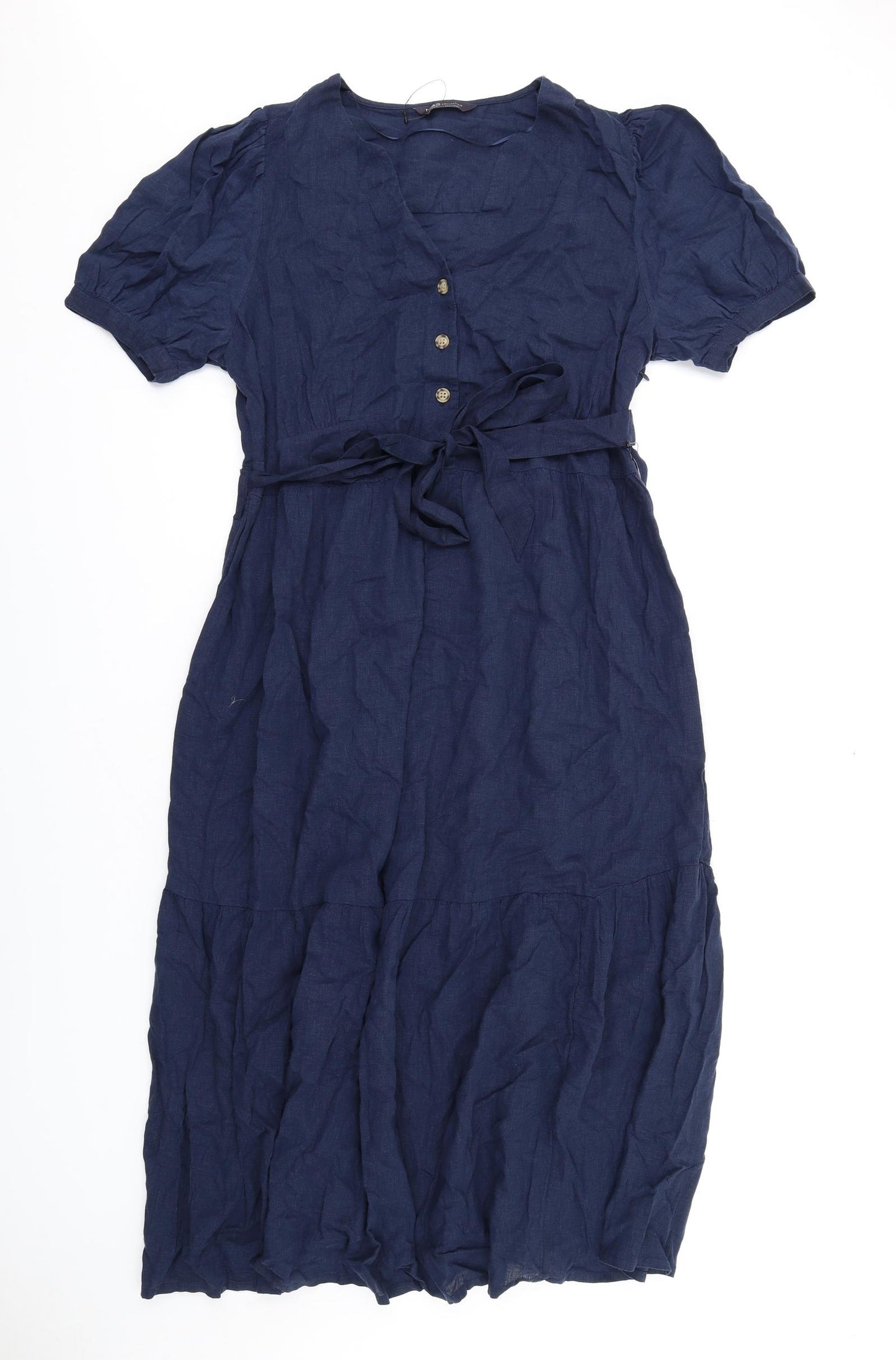 Marks and Spencer Womens Blue Linen A-Line Size 14 V-Neck Pullover