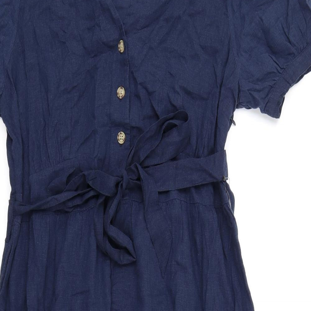 Marks and Spencer Womens Blue Linen A-Line Size 14 V-Neck Pullover