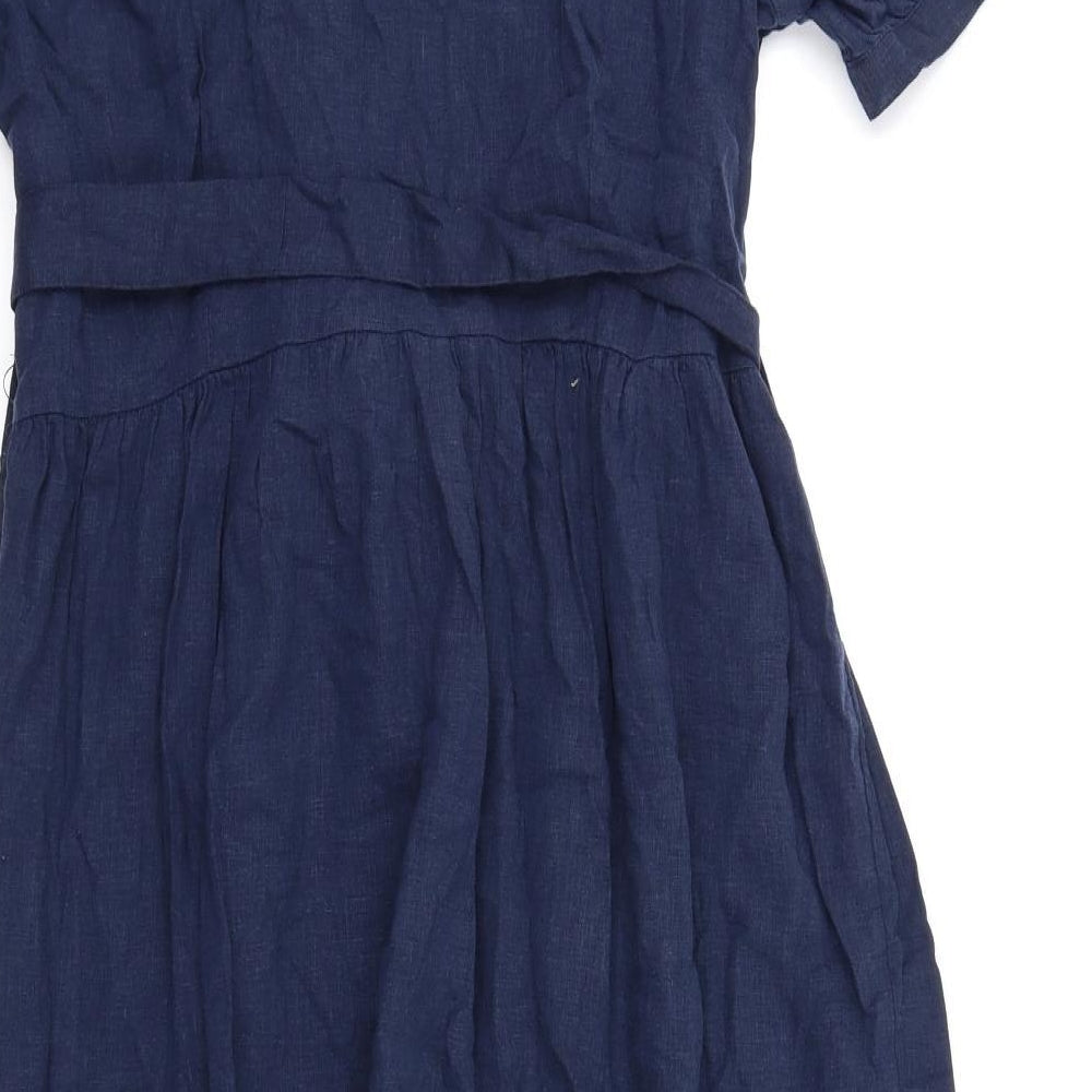 Marks and Spencer Womens Blue Linen A-Line Size 14 V-Neck Pullover