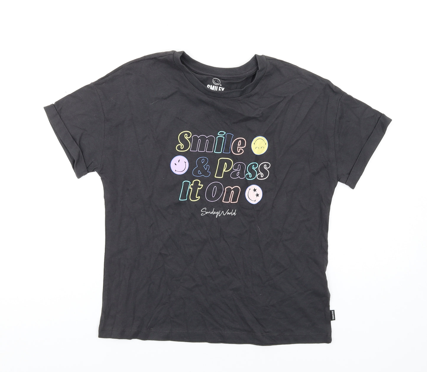 Marks and Spencer Girls Grey Cotton Basic T-Shirt Size 11-12 Years Round Neck Pullover - Smiley World