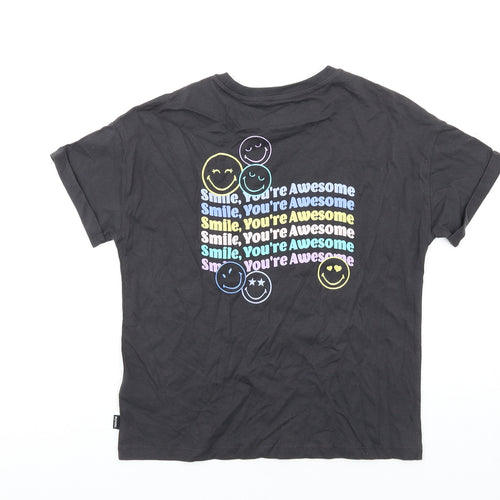 Marks and Spencer Girls Grey Cotton Basic T-Shirt Size 11-12 Years Round Neck Pullover - Smiley World