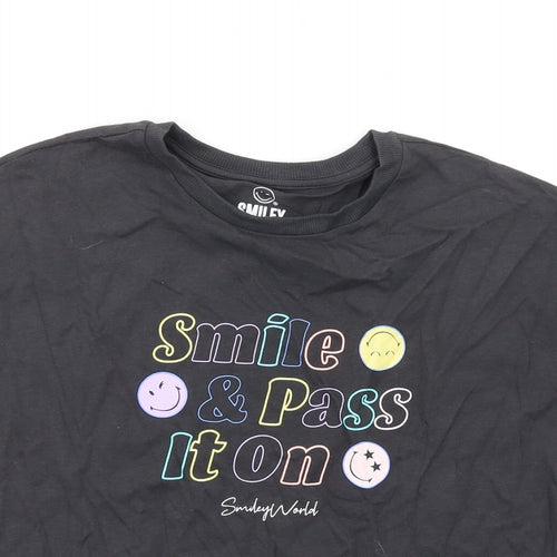 Marks and Spencer Girls Grey Cotton Basic T-Shirt Size 11-12 Years Round Neck Pullover - Smiley World