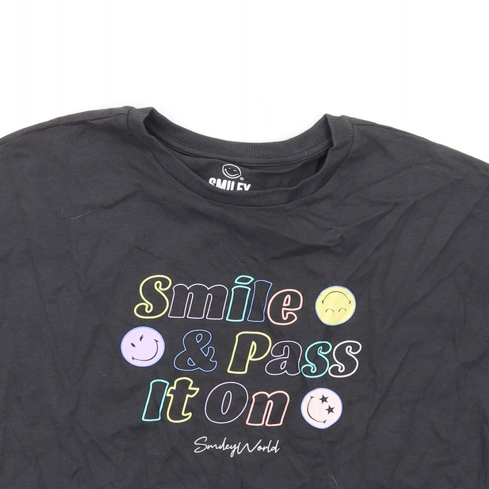Marks and Spencer Girls Grey Cotton Basic T-Shirt Size 11-12 Years Round Neck Pullover - Smiley World