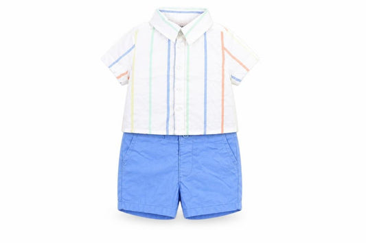Front view of Marks & Spencer boys’ multicoloured striped cotton shorts set outfit/set, size 0-3, months button