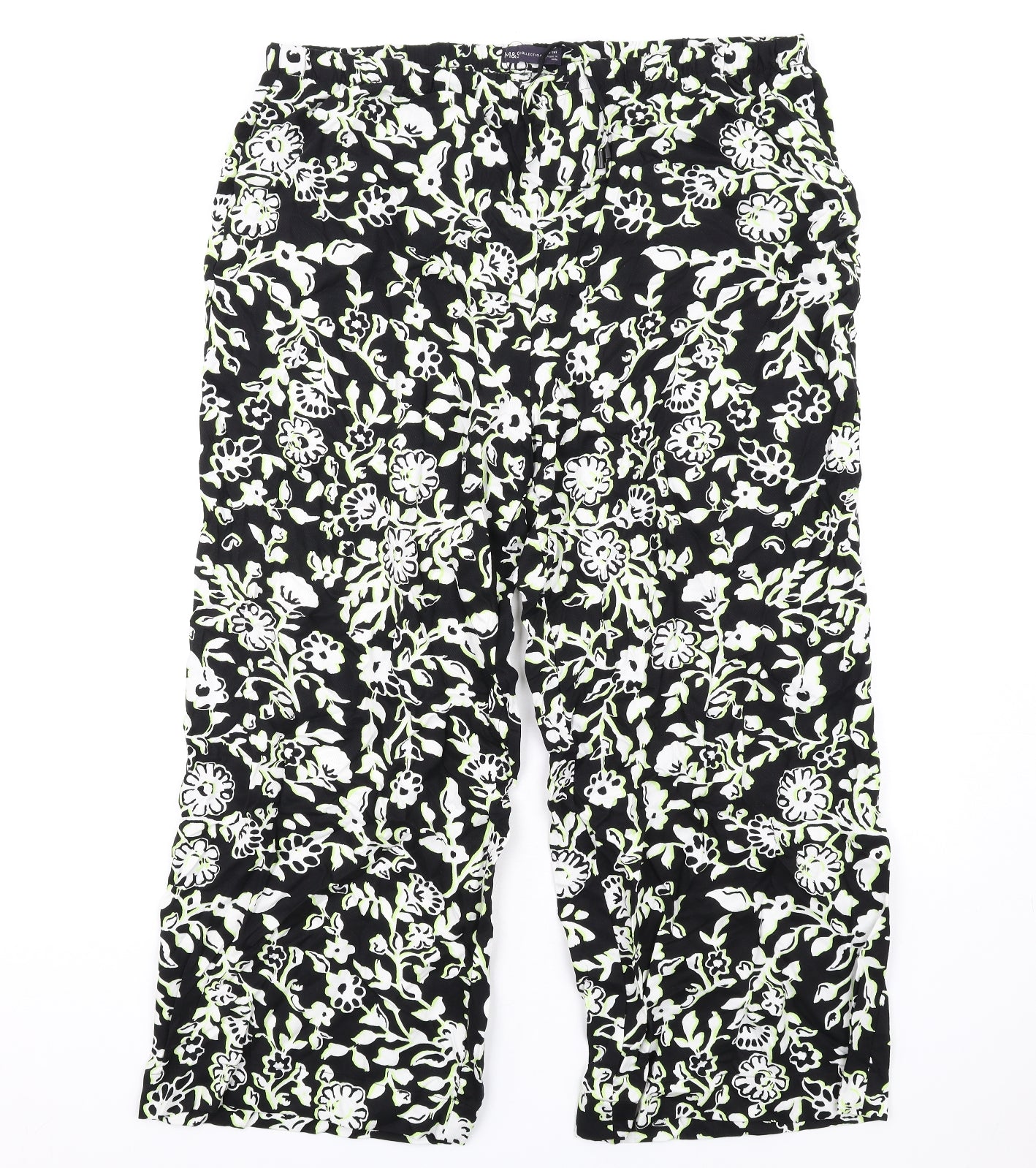 Marks and Spencer Womens Black Floral Viscose Trousers Size 20 L28 in Regular Drawstring