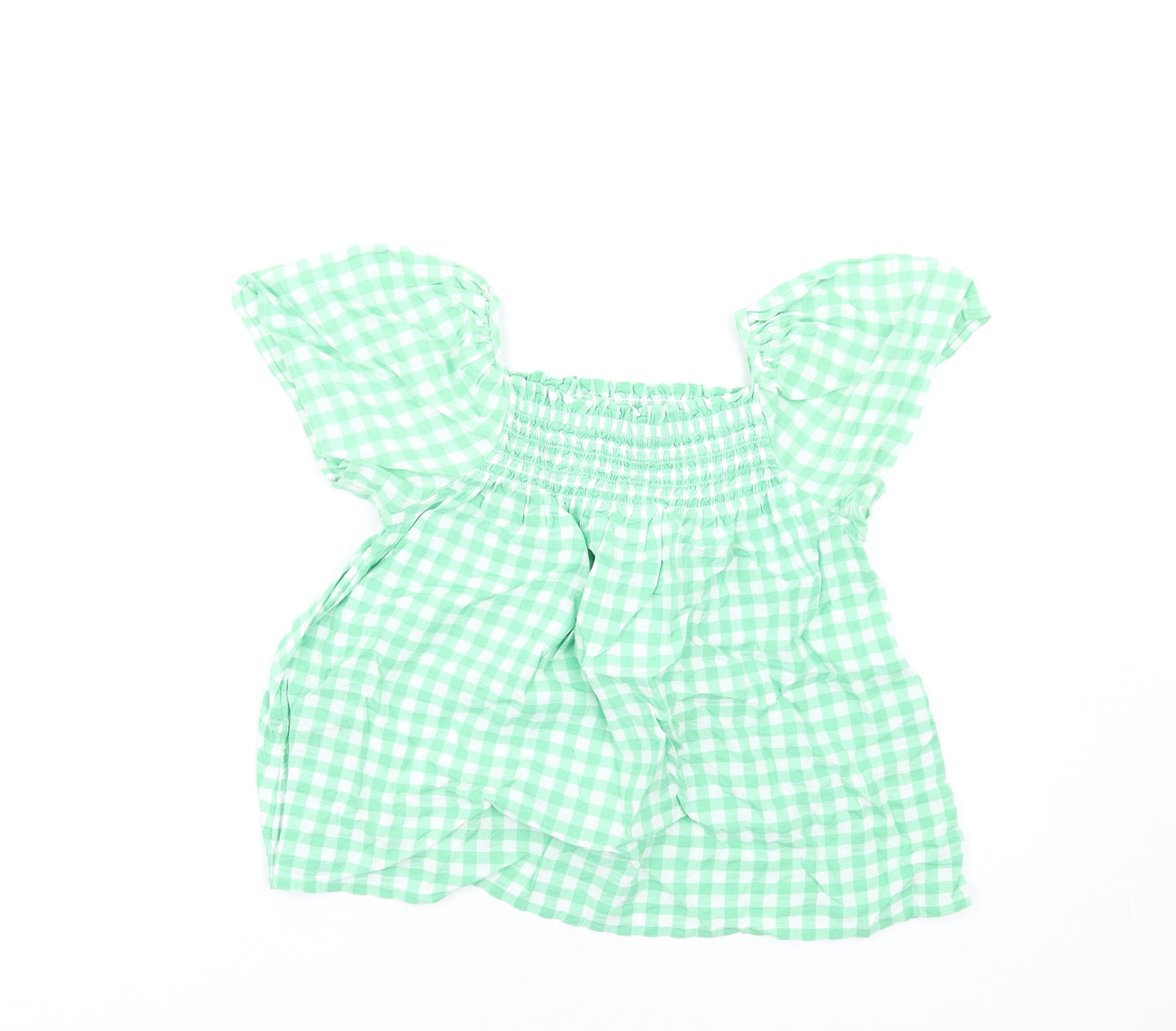 Marks and Spencer Girls Green Check Cotton Basic T-Shirt Size 9-10 Years Square Neck Pullover