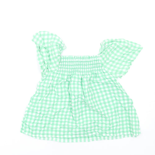 Marks and Spencer Girls Green Check Cotton Basic T-Shirt Size 9-10 Years Square Neck Pullover
