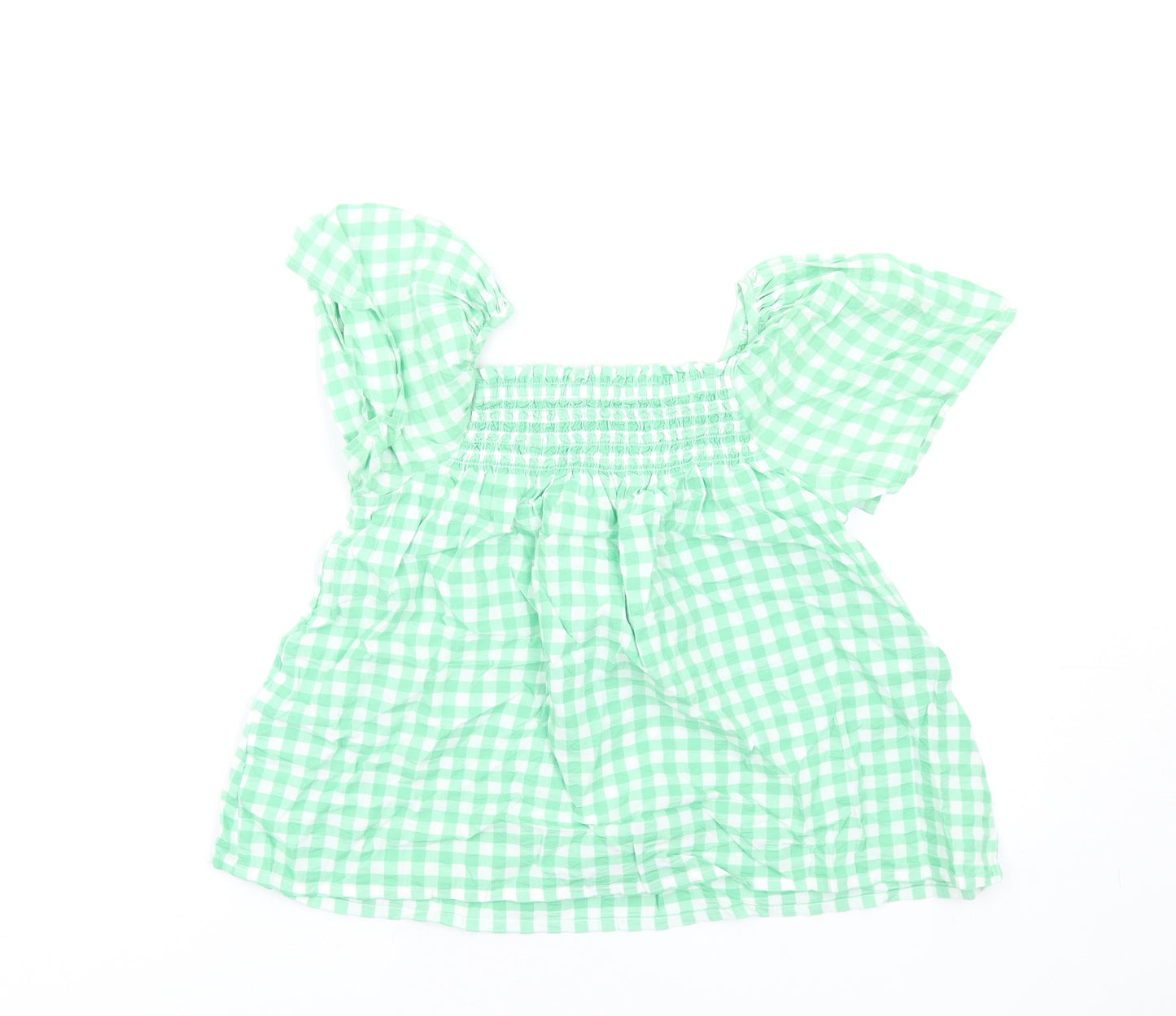 Marks and Spencer Girls Green Check Cotton Basic T-Shirt Size 9-10 Years Square Neck Pullover