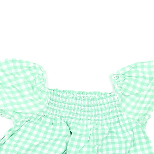 Marks and Spencer Girls Green Check Cotton Basic T-Shirt Size 9-10 Years Square Neck Pullover