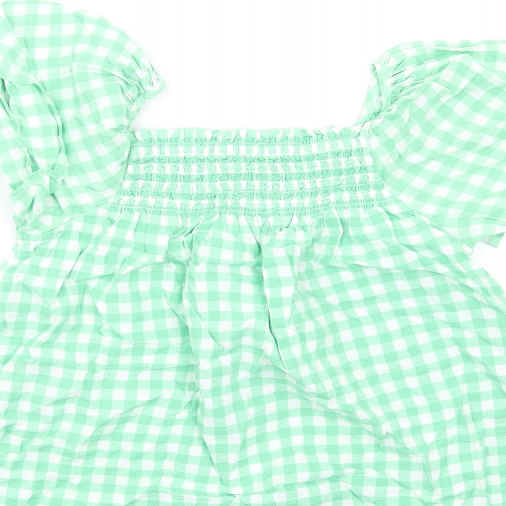 Marks and Spencer Girls Green Check Cotton Basic T-Shirt Size 9-10 Years Square Neck Pullover