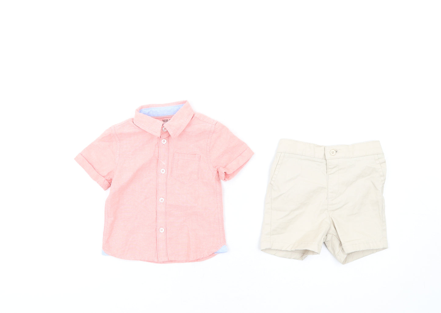 Marks and Spencer Boys Pink Cotton Shorts Set Outfit/Set Size 9-12 Months Button