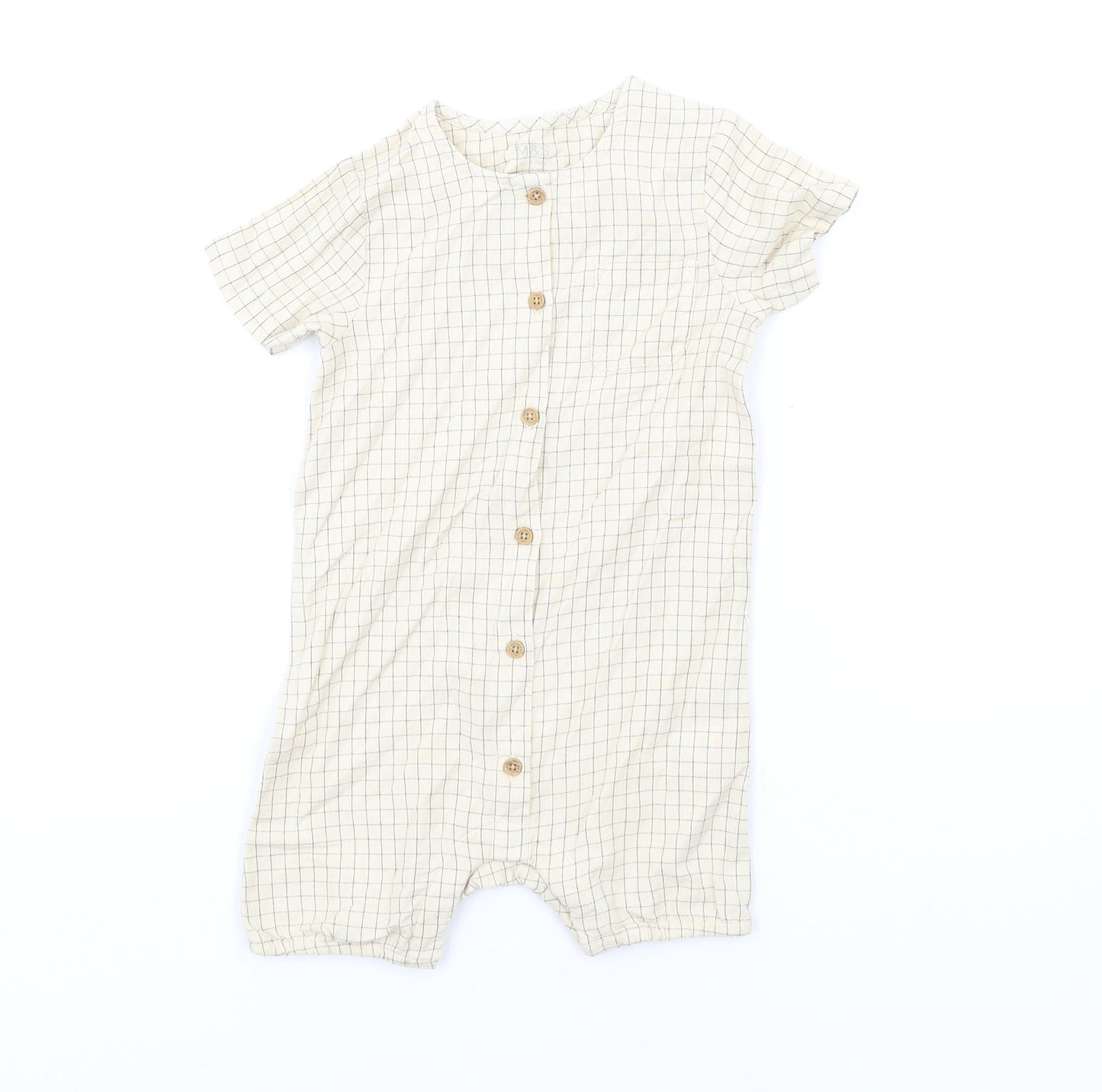 Marks and Spencer Baby Beige Check Cotton Romper One-Piece Size 12-18 Months Button