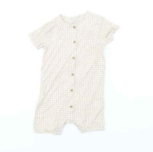 Marks and Spencer Baby Beige Check Cotton Romper One-Piece Size 12-18 Months Button