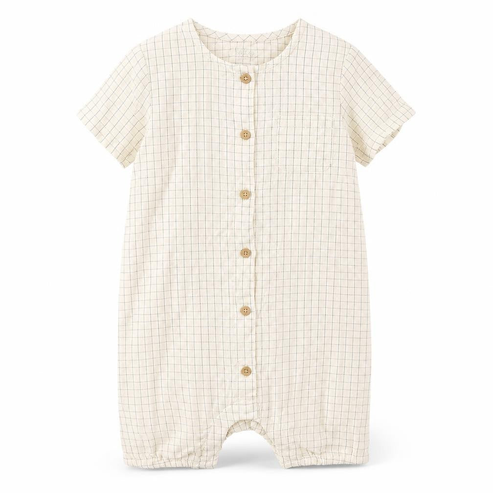 Marks and Spencer Baby Beige Check Cotton Romper One-Piece Size 12-18 Months Button