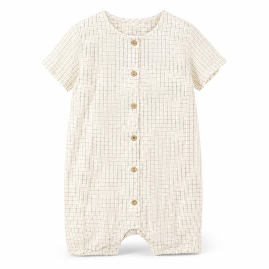 Marks and Spencer Baby Beige Check Cotton Romper One-Piece Size 12-18 Months Button
