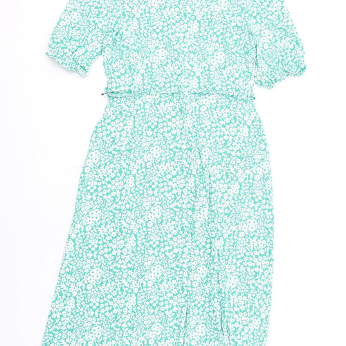 Marks and Spencer Womens Green Floral Viscose A-Line Size 12 V-Neck Pullover