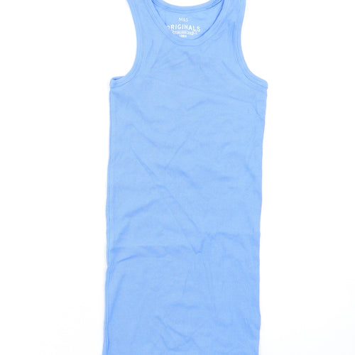 Marks and Spencer Girls Blue Cotton Tank Dress Size 6-7 Years Round Neck Pullover