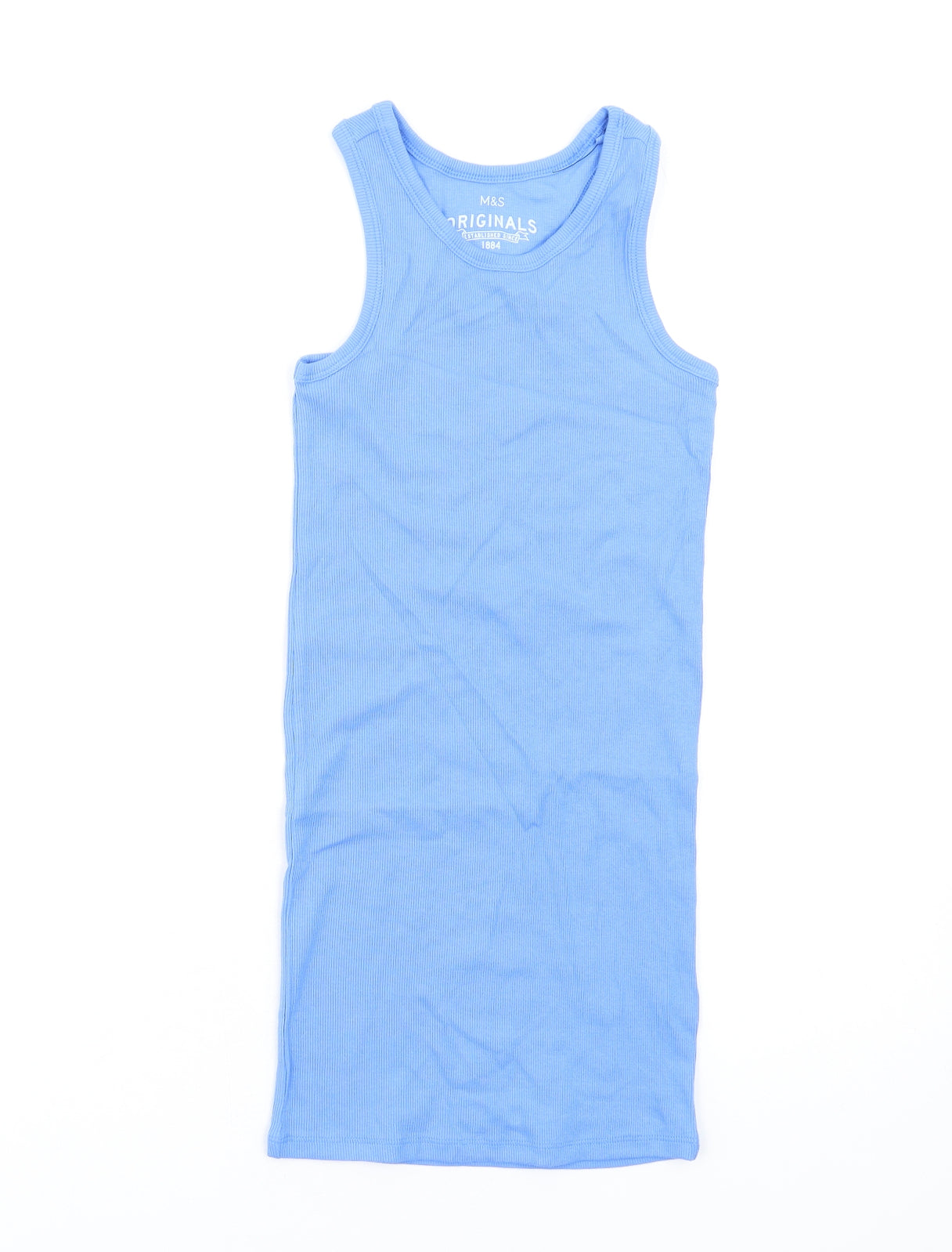 Marks and Spencer Girls Blue Cotton Tank Dress Size 6-7 Years Round Neck Pullover