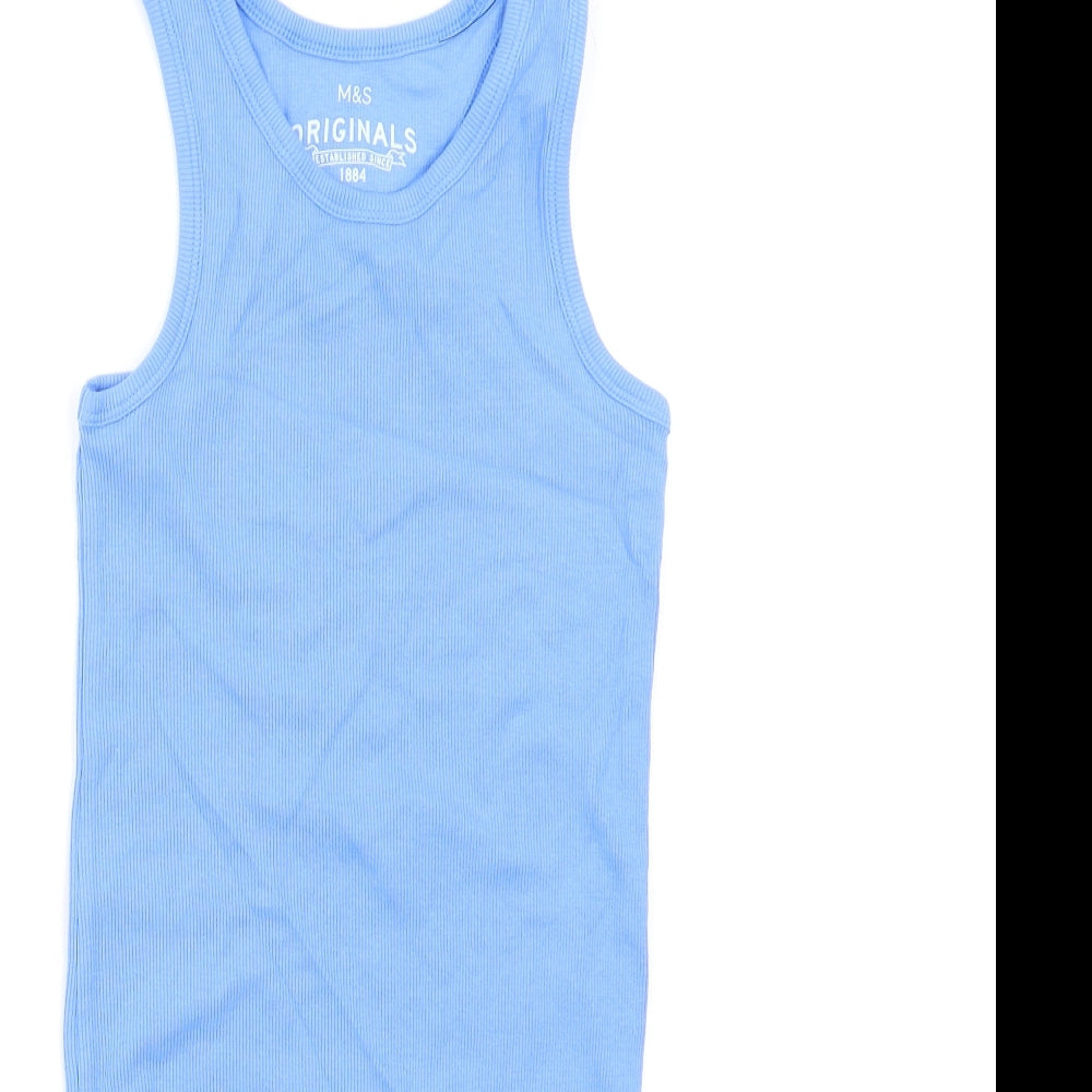 Marks and Spencer Girls Blue Cotton Tank Dress Size 6-7 Years Round Neck Pullover
