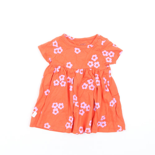 Marks and Spencer Girls Orange Floral Cotton Fit & Flare Size 0-3 Months Round Neck Snap