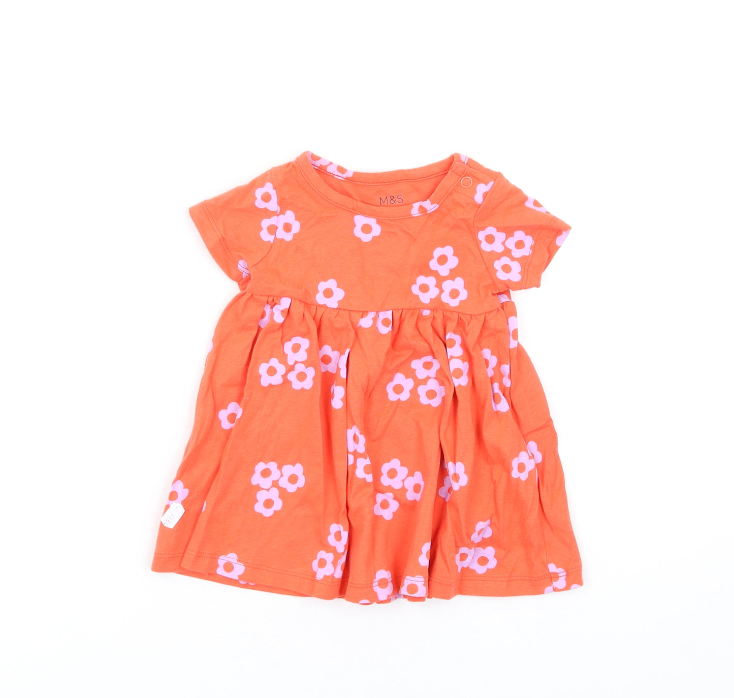 Marks and Spencer Girls Orange Floral Cotton Fit & Flare Size 0-3 Months Round Neck Snap