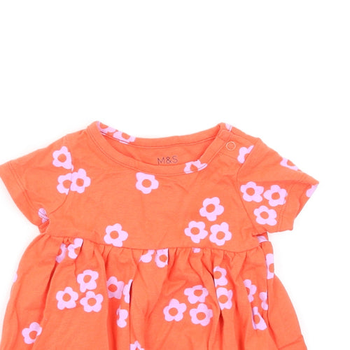 Marks and Spencer Girls Orange Floral Cotton Fit & Flare Size 0-3 Months Round Neck Snap