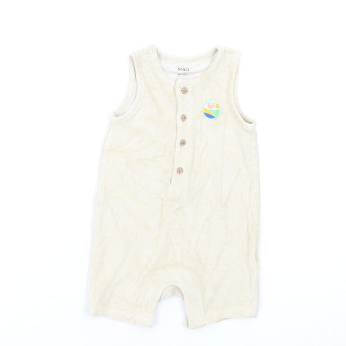 Marks and Spencer Baby Beige Cotton Romper One-Piece Size 6-9 Months Button