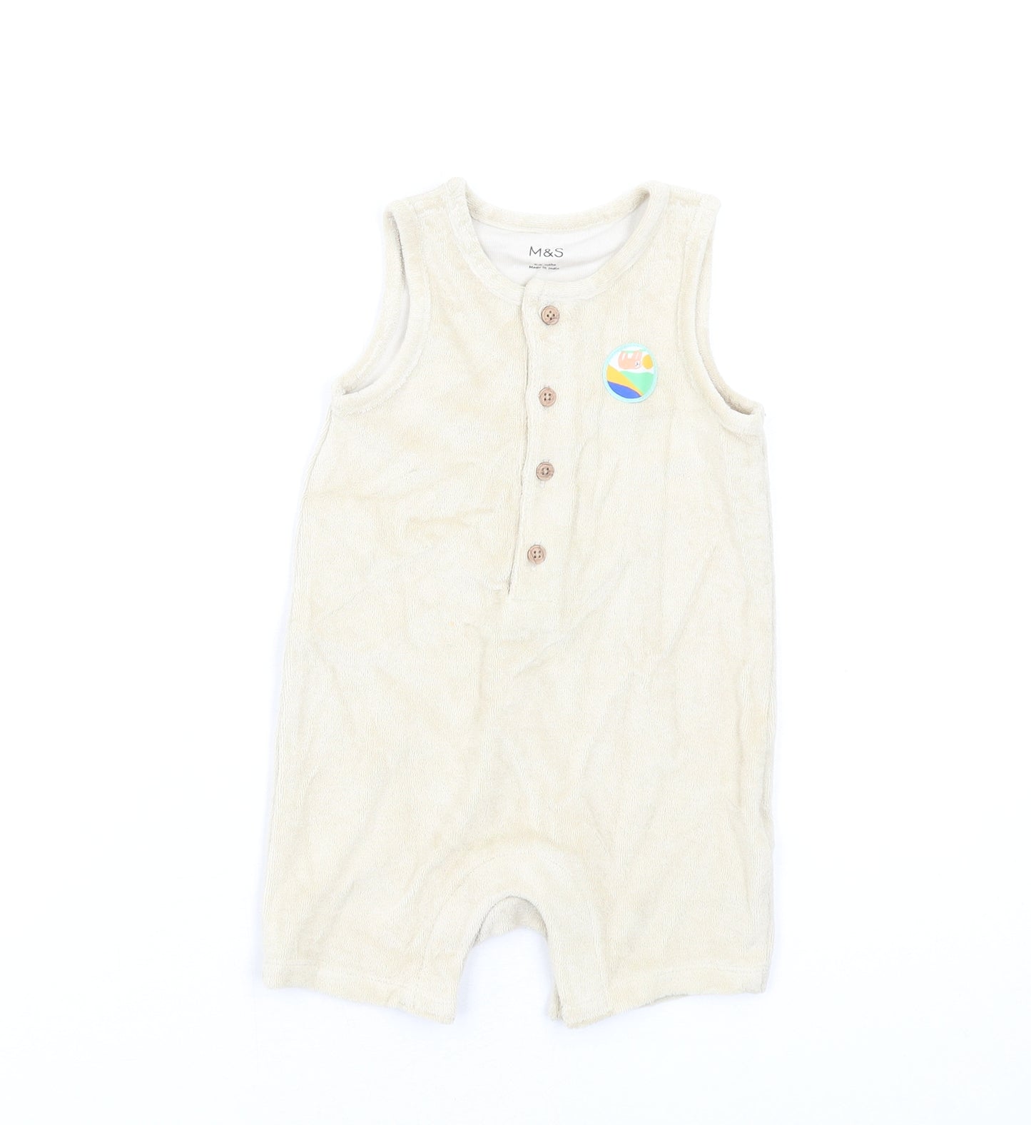 Marks and Spencer Baby Beige Cotton Romper One-Piece Size 6-9 Months Button