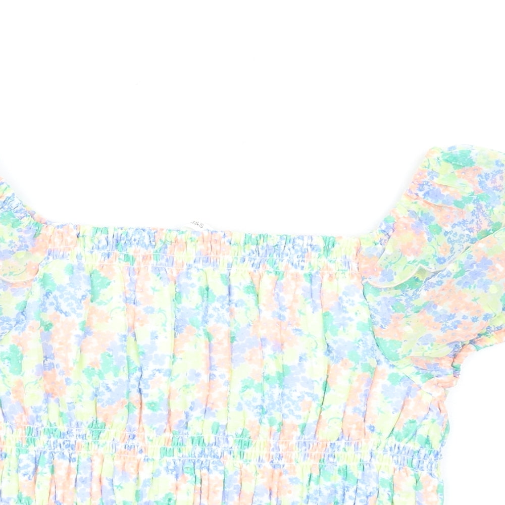Marks and Spencer Girls Multicoloured Floral Polyester Basic T-Shirt Size 12-13 Years Square Neck Pullover